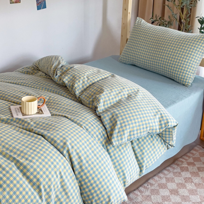 91家纺网 家纺一手货源 找家纺 玖弘家居 2023新款A类全棉色织学生上下铺三件套 兰黄小格