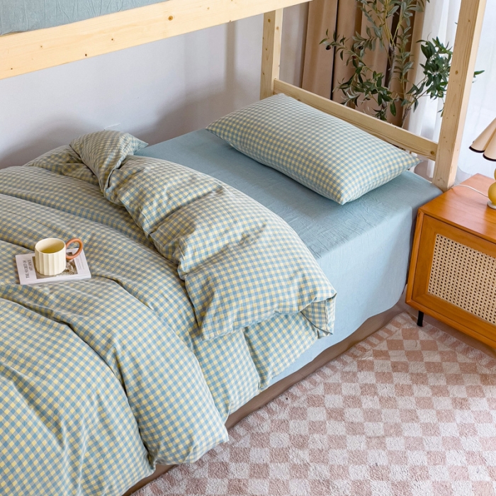 91家纺网 家纺一手货源 找家纺 玖弘家居 2023新款A类全棉色织学生上下铺三件套 兰黄小格