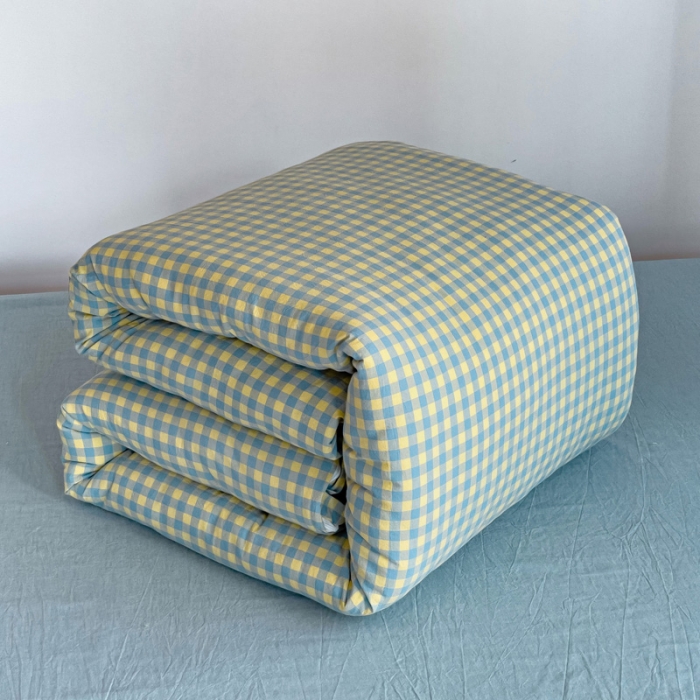 91家纺网 家纺一手货源 找家纺 玖弘家居 2023新款A类全棉色织学生上下铺三件套 兰黄小格