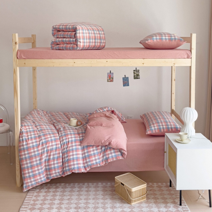 91家纺网 家纺一手货源 找家纺 玖弘家居 2023新款A类全棉色织学生上下铺三件套 星空桔