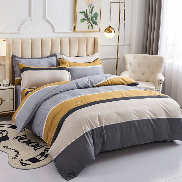 91家纺网 家纺一手货源 找家纺 鑫缘2025新款印花植物羊绒加厚磨毛四件套1.2米学生三件套 范特西-黄