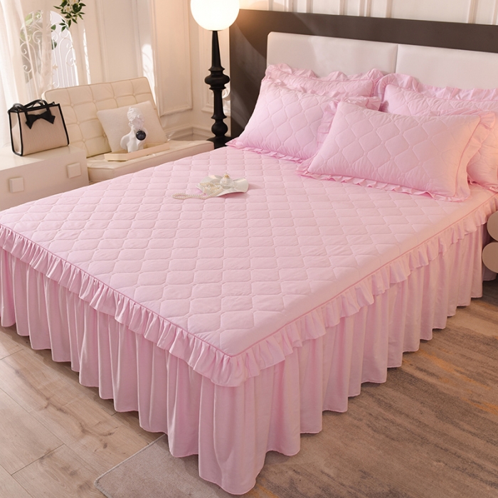 91家纺网 家纺一手货源 找家纺 美达 2025新款A类全棉抗菌夹棉床裙 记忆粉