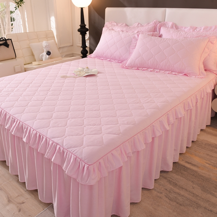 91家纺网 家纺一手货源 找家纺 美达 2025新款A类全棉抗菌夹棉床裙 记忆粉