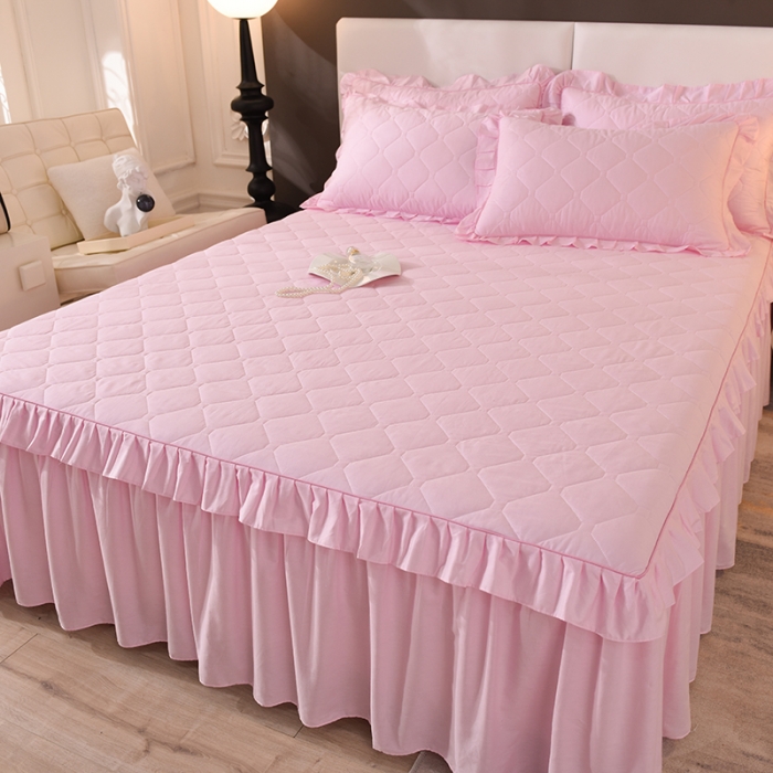 91家纺网 家纺一手货源 找家纺 美达 2025新款A类全棉抗菌夹棉床裙 记忆粉