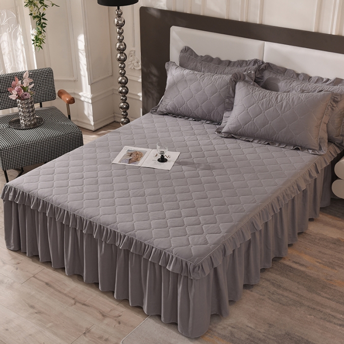 91家纺网 家纺一手货源 找家纺 美达 2025新款A类全棉抗菌夹棉床裙 经典灰