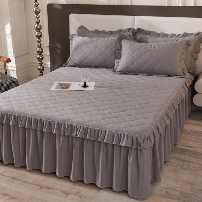 91家纺网 家纺一手货源 找家纺 美达 2025新款A类全棉抗菌夹棉床裙 经典灰