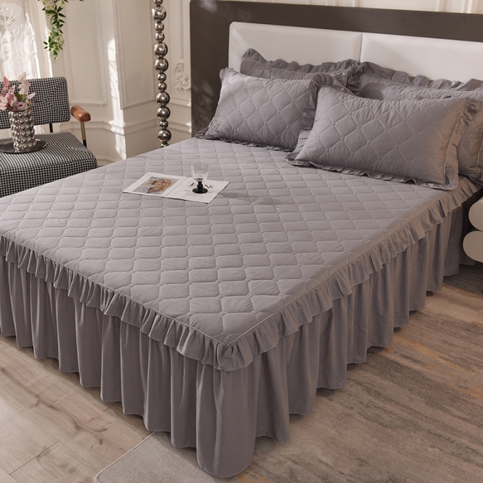 91家纺网 家纺一手货源 找家纺 美达 2025新款A类全棉抗菌夹棉床裙 经典灰