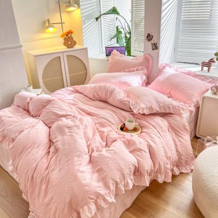 91家纺网 家纺一手货源 找家纺 仟网汇 2023新款复古提花韩版泡泡纱四件套 浅粉