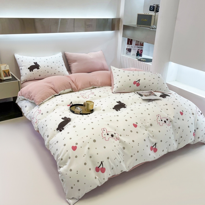 91家纺网 家纺一手货源 找家纺 仟网汇 2023新款休闲款皱皱布棉麻双层纱四件套 休闲款-敦敦兔粉