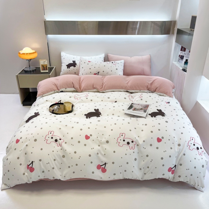 91家纺网 家纺一手货源 找家纺 仟网汇 2023新款休闲款皱皱布棉麻双层纱四件套 休闲款-敦敦兔粉