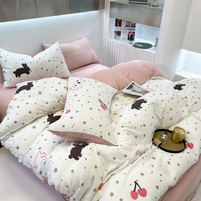 91家纺网 家纺一手货源 找家纺 仟网汇 2023新款休闲款皱皱布棉麻双层纱四件套 休闲款-敦敦兔粉