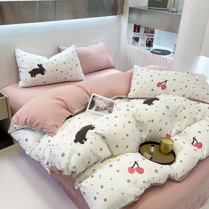 91家纺网 家纺一手货源 找家纺 仟网汇 2023新款休闲款皱皱布棉麻双层纱四件套 休闲款-敦敦兔粉