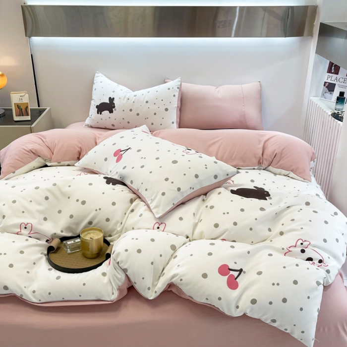 91家纺网 家纺一手货源 找家纺 仟网汇 2023新款休闲款皱皱布棉麻双层纱四件套 休闲款-敦敦兔粉