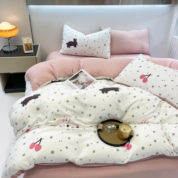 91家纺网 家纺一手货源 找家纺 仟网汇 2023新款休闲款皱皱布棉麻双层纱四件套 休闲款-敦敦兔粉