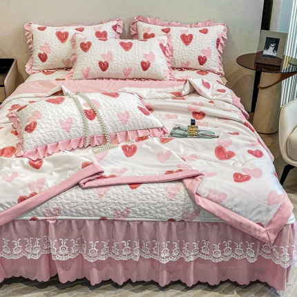 91家纺网 家纺一手货源 找家纺 A类水洗棉麻双层纱床盖款夏被四件套夹棉床裙蕾丝花边纯棉全棉夏凉被套床盖