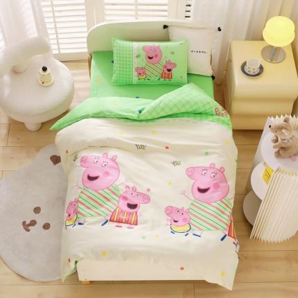 91家纺网 家纺一手货源 找家纺 新款正版小猪佩奇幼儿园被子三件套纯棉宝宝入园午睡被褥六件套 佩奇一家