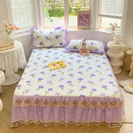 八十八家纺 2023新款全棉蕾丝单床裙纯棉韩版公主风床罩 紫色花季