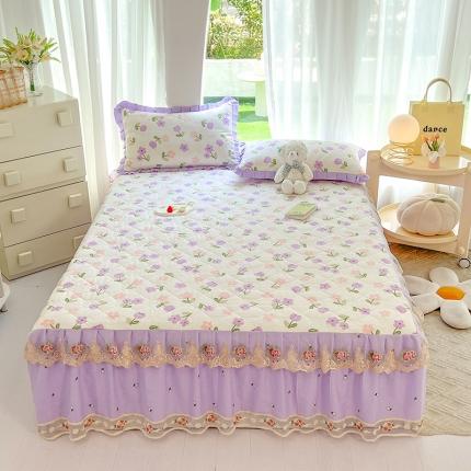 91家纺网 家纺一手货源 找家纺 八十八家纺 2023新款全棉加厚夹棉蕾丝单床裙纯棉韩版公主风床罩 秘密花园紫