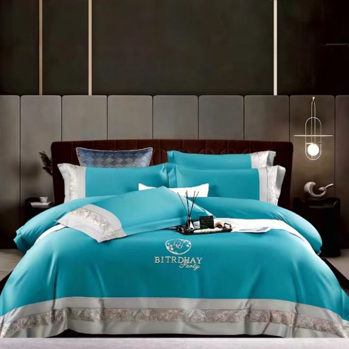 91家纺网 家纺一手货源 找家纺 （总）婚庆送礼自用高端拼接工艺180支长绒棉圆角床单款绣花四件套新品