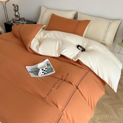 91家纺网 家纺一手货源 找家纺 尤米 2023新款磨毛刺绣纯色双拼卡洛森系列--四件套 红咖+奶茶