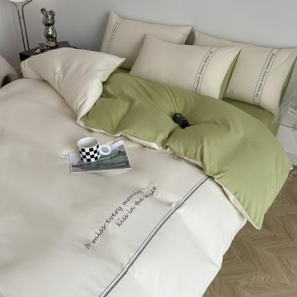 91家纺网 家纺一手货源 找家纺 尤米 2023新款磨毛刺绣纯色双拼卡洛森系列--四件套 奶茶+果绿