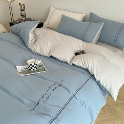 尤米 2023新款磨毛刺绣纯色双拼卡洛森系列--四件套 天蓝+浅灰