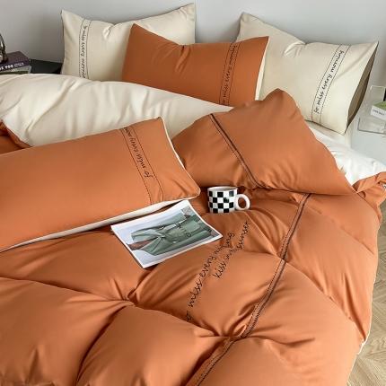 91家纺网 家纺一手货源 找家纺 尤米 2023新款磨毛刺绣纯色双拼卡洛森系列--单被套 红咖+奶茶