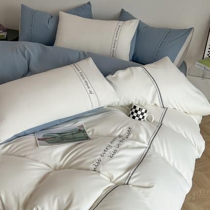 91家纺网 家纺一手货源 找家纺 尤米 2023新款磨毛刺绣纯色双拼卡洛森系列--单被套 米白+天蓝