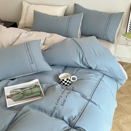 91家纺网 家纺一手货源 找家纺 尤米 2023新款磨毛刺绣纯色双拼卡洛森系列--单被套 天蓝+浅灰
