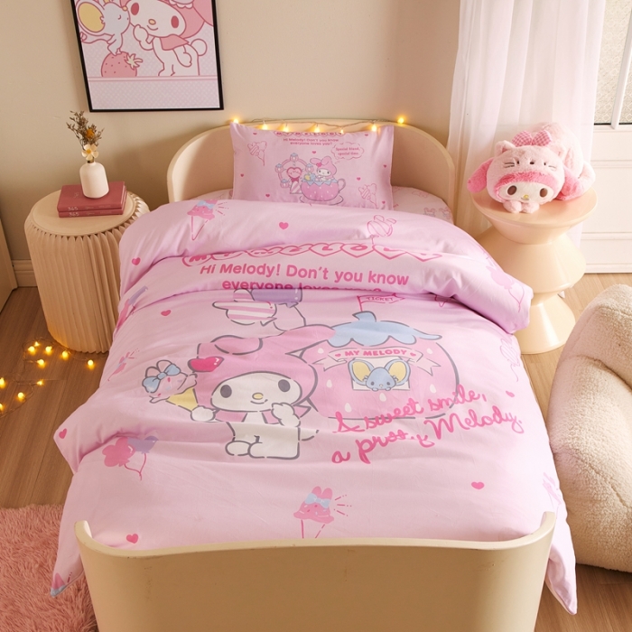 91家纺网 家纺一手货源 找家纺 （总）蘭菲 2023新款幼儿园全棉印染三丽鸥全棉大版卡通三件套