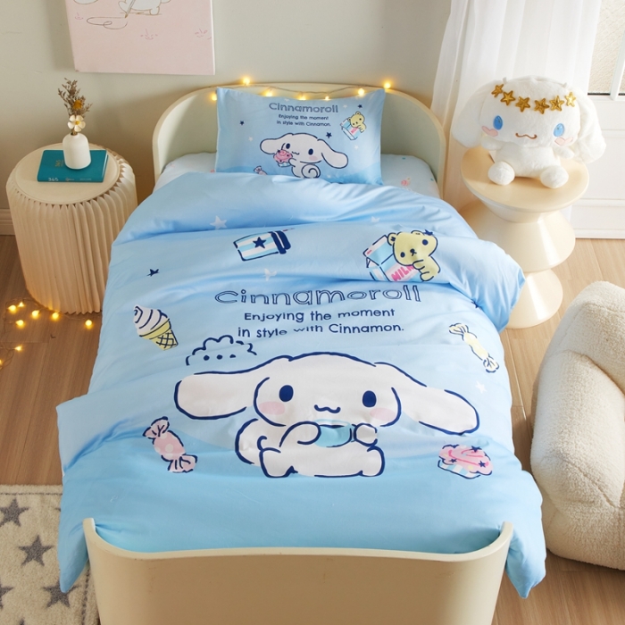 91家纺网 家纺一手货源 找家纺 蘭菲 2023新款幼儿园全棉印染三丽鸥全棉大版卡通三件套 吃货