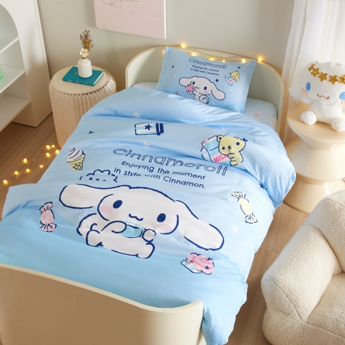 91家纺网 家纺一手货源 找家纺 蘭菲 2023新款幼儿园全棉印染三丽鸥全棉大版卡通三件套 吃货