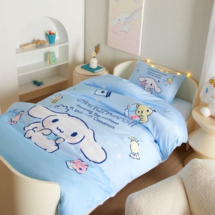 91家纺网 家纺一手货源 找家纺 蘭菲 2023新款幼儿园全棉印染三丽鸥全棉大版卡通三件套 吃货