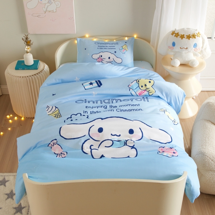 91家纺网 家纺一手货源 找家纺 蘭菲 2023新款幼儿园全棉印染三丽鸥全棉大版卡通三件套 吃货