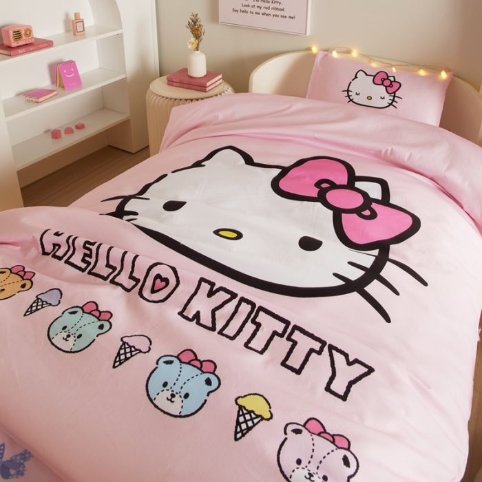 91家纺网 家纺一手货源 找家纺 蘭菲 2023新款幼儿园全棉印染三丽鸥全棉大版卡通三件套 粉系