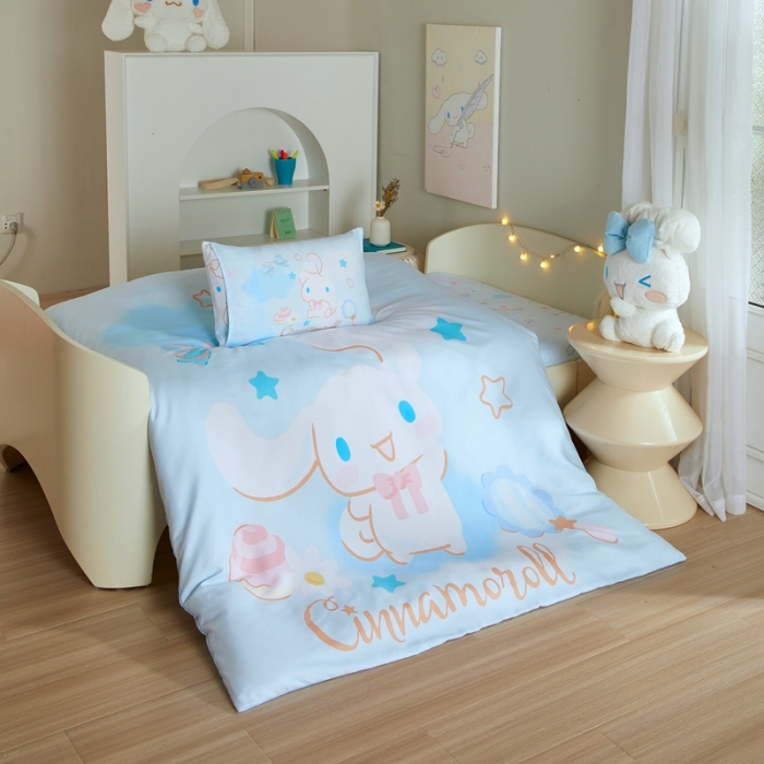 91家纺网 家纺一手货源 找家纺 蘭菲 2023新款幼儿园全棉印染三丽鸥全棉大版卡通三件套 果果