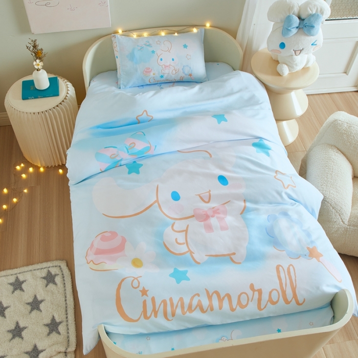 91家纺网 家纺一手货源 找家纺 蘭菲 2023新款幼儿园全棉印染三丽鸥全棉大版卡通三件套 果果