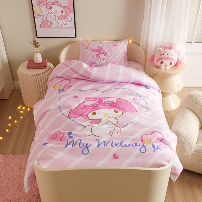 91家纺网 家纺一手货源 找家纺 蘭菲 2023新款幼儿园全棉印染三丽鸥全棉大版卡通三件套 天真