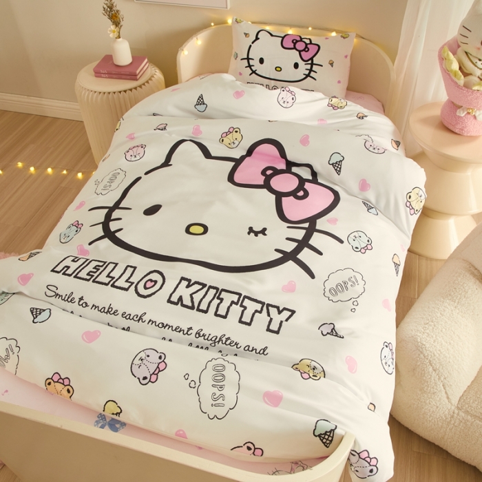 91家纺网 家纺一手货源 找家纺 蘭菲 2023新款幼儿园全棉印染三丽鸥全棉大版卡通三件套 甜品站