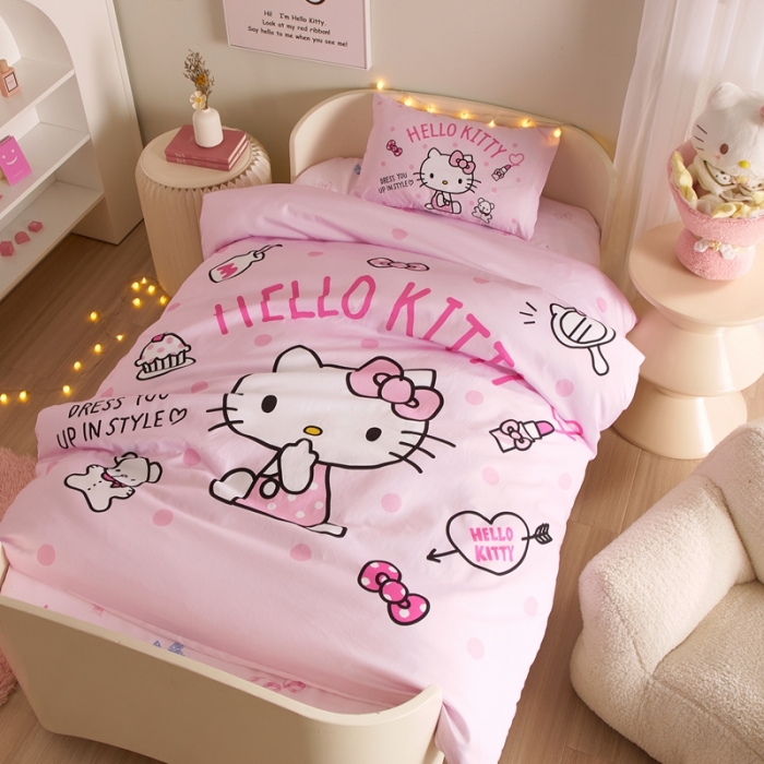 91家纺网 家纺一手货源 找家纺 蘭菲 2023新款幼儿园全棉印染三丽鸥全棉大版卡通三件套 甜心kt