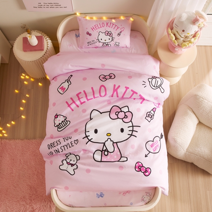 91家纺网 家纺一手货源 找家纺 蘭菲 2023新款幼儿园全棉印染三丽鸥全棉大版卡通三件套 甜心kt