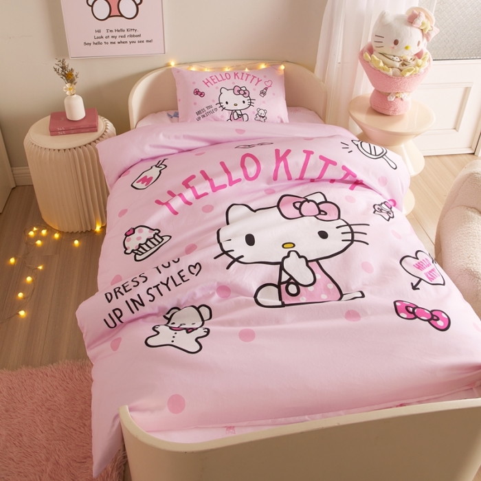 91家纺网 家纺一手货源 找家纺 蘭菲 2023新款幼儿园全棉印染三丽鸥全棉大版卡通三件套 甜心kt