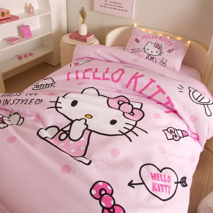 91家纺网 家纺一手货源 找家纺 蘭菲 2023新款幼儿园全棉印染三丽鸥全棉大版卡通三件套 甜心kt