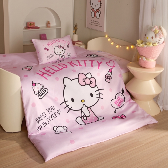 91家纺网 家纺一手货源 找家纺 蘭菲 2023新款幼儿园全棉印染三丽鸥全棉大版卡通三件套 甜心kt