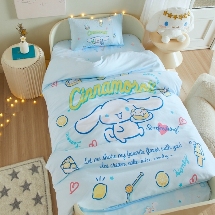 91家纺网 家纺一手货源 找家纺 蘭菲 2023新款幼儿园全棉印染三丽鸥全棉大版卡通三件套 圆宝