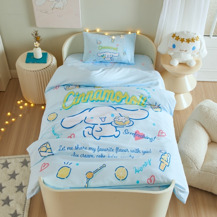 91家纺网 家纺一手货源 找家纺 蘭菲 2023新款幼儿园全棉印染三丽鸥全棉大版卡通三件套 圆宝