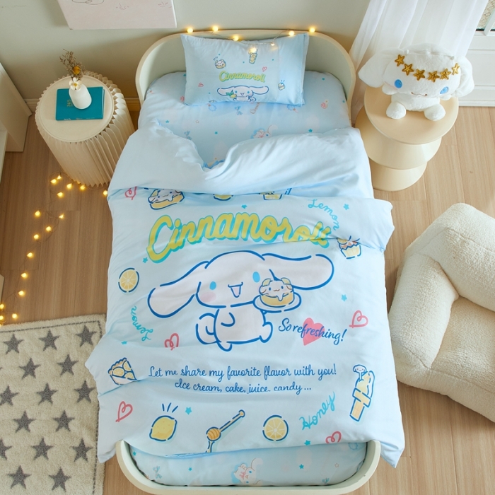 91家纺网 家纺一手货源 找家纺 蘭菲 2023新款幼儿园全棉印染三丽鸥全棉大版卡通三件套 圆宝