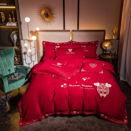 91家纺网 家纺一手货源 找家纺 总玖玖爱家纺 新款轻奢风120支贡缎长绒棉高精密刺绣婚嫁系列四件套