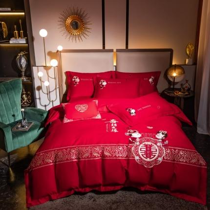 91家纺网 家纺一手货源 找家纺 总玖玖爱家纺 新款轻奢风120支贡缎长绒棉高精密刺绣婚嫁系列四件套