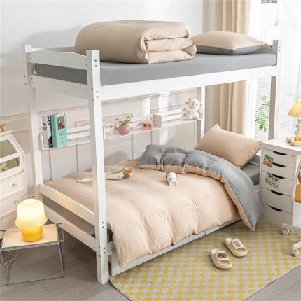 91家纺网 家纺一手货源 找家纺 古吉梦 2024新款纯色-双拼水洗棉学生三件套 纯色-奶茶+中灰